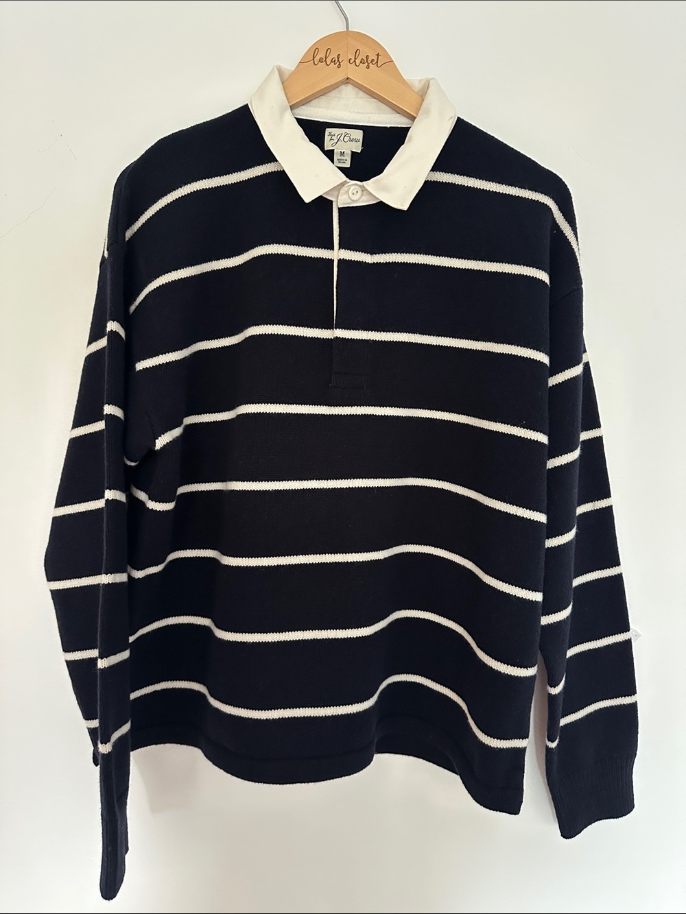 JCREW MENS Navy and White Striped Rugby Sweater size medium NWOT